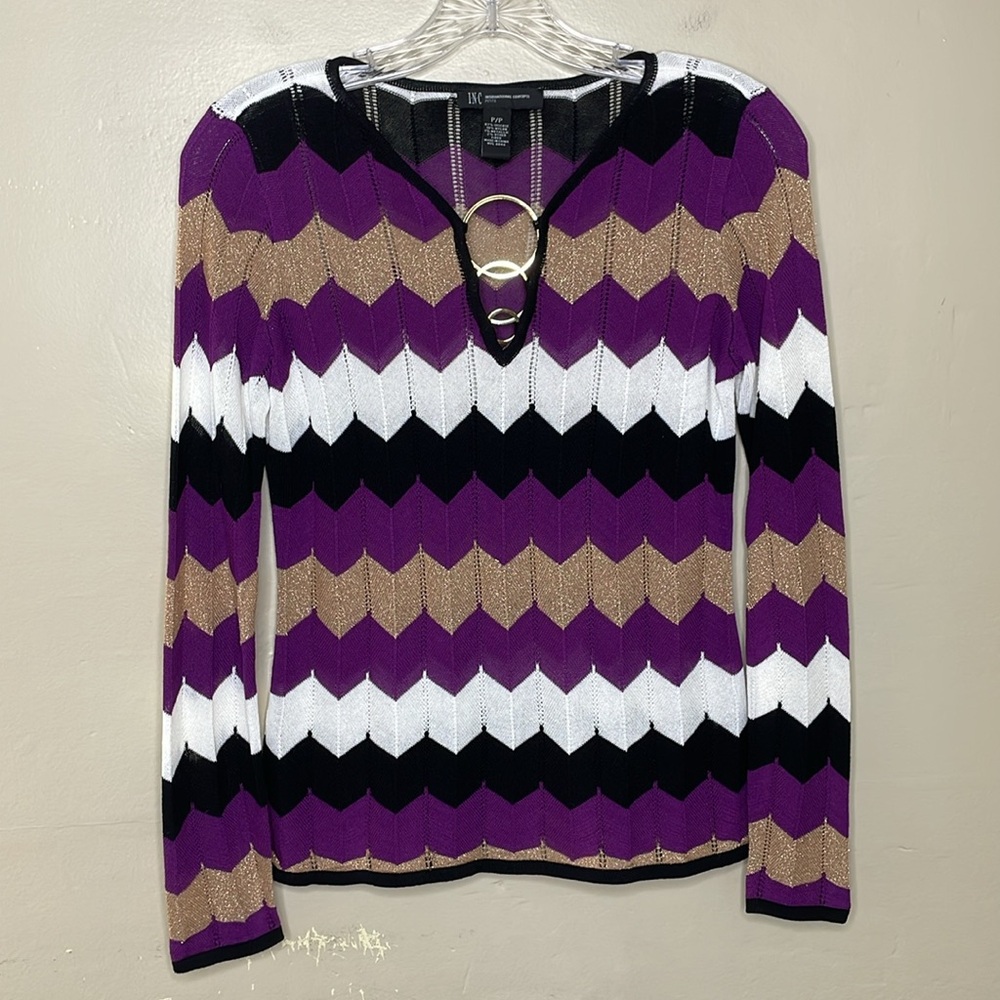 INC Sweater Purple & Metallic Gold Chevron Gold Metal Neckline Embellishment 2P